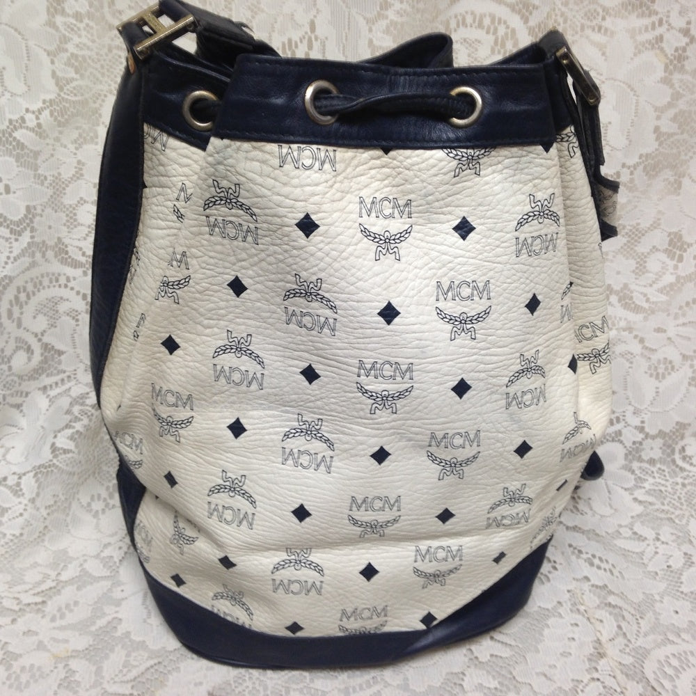 MCM White Mono- Blue Leather Bucket-Drawst…