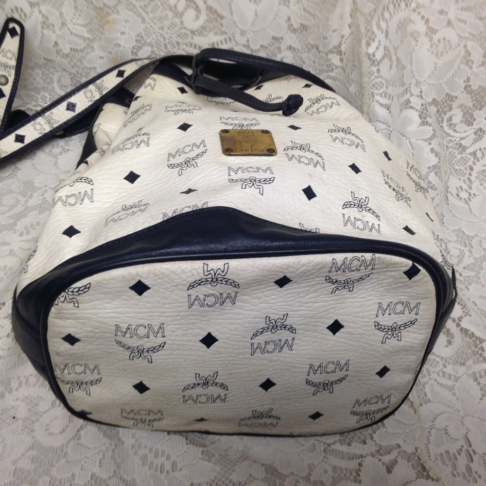 MCM White Mono- Blue Leather Bucket-Drawst…