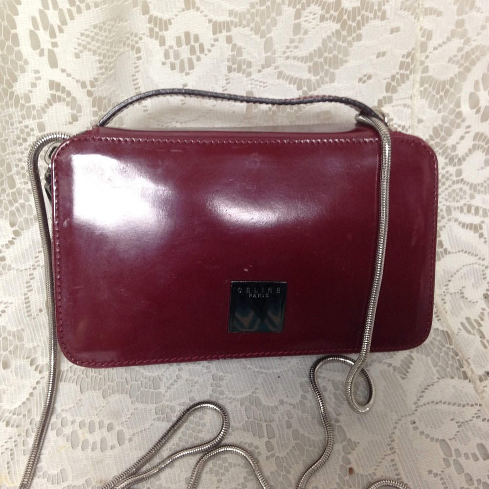 Celine, Burgundy Leather 2-way Cosmetic Pouch-Cro