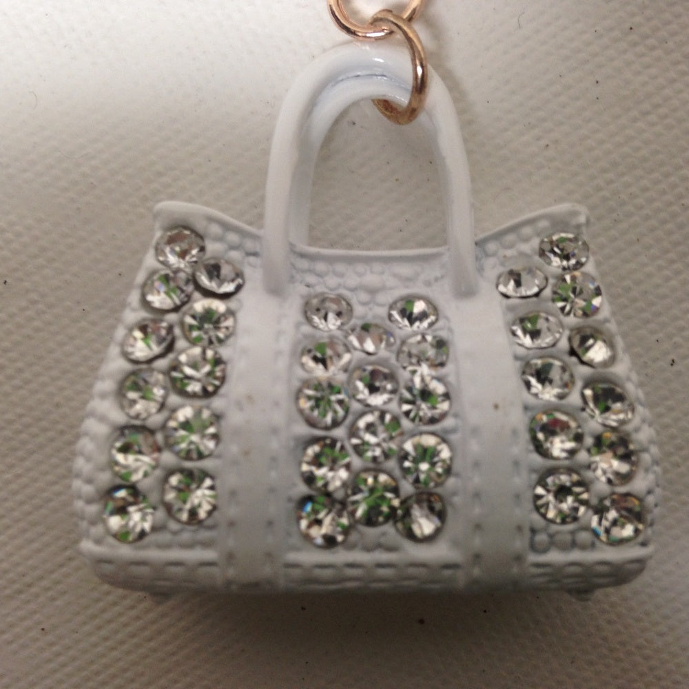 2-Way, White Enamel-Clear Rhinestone Handbag Charm- Key Chain