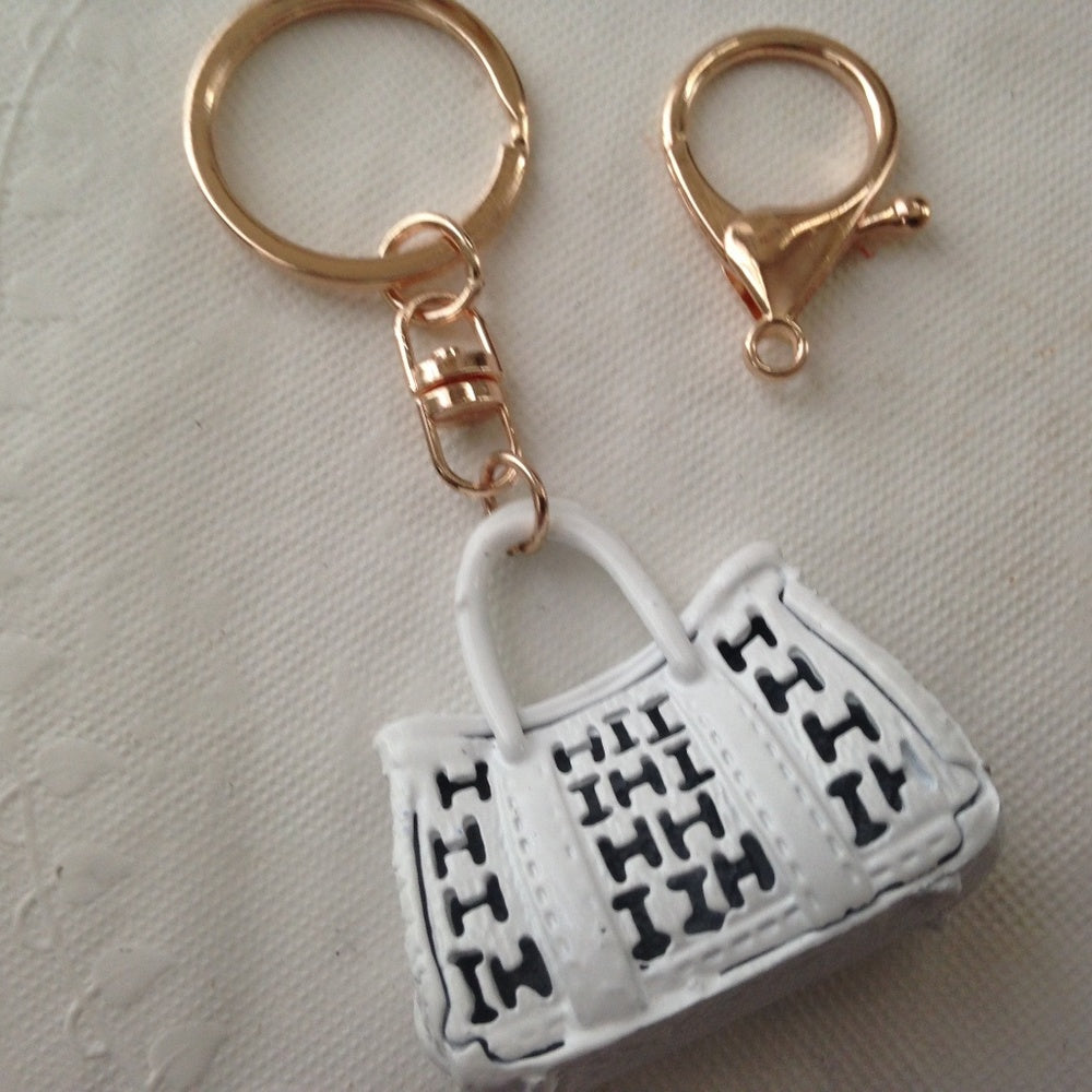 2-Way, White Enamel-Clear Rhinestone Handbag Charm- Key Chain