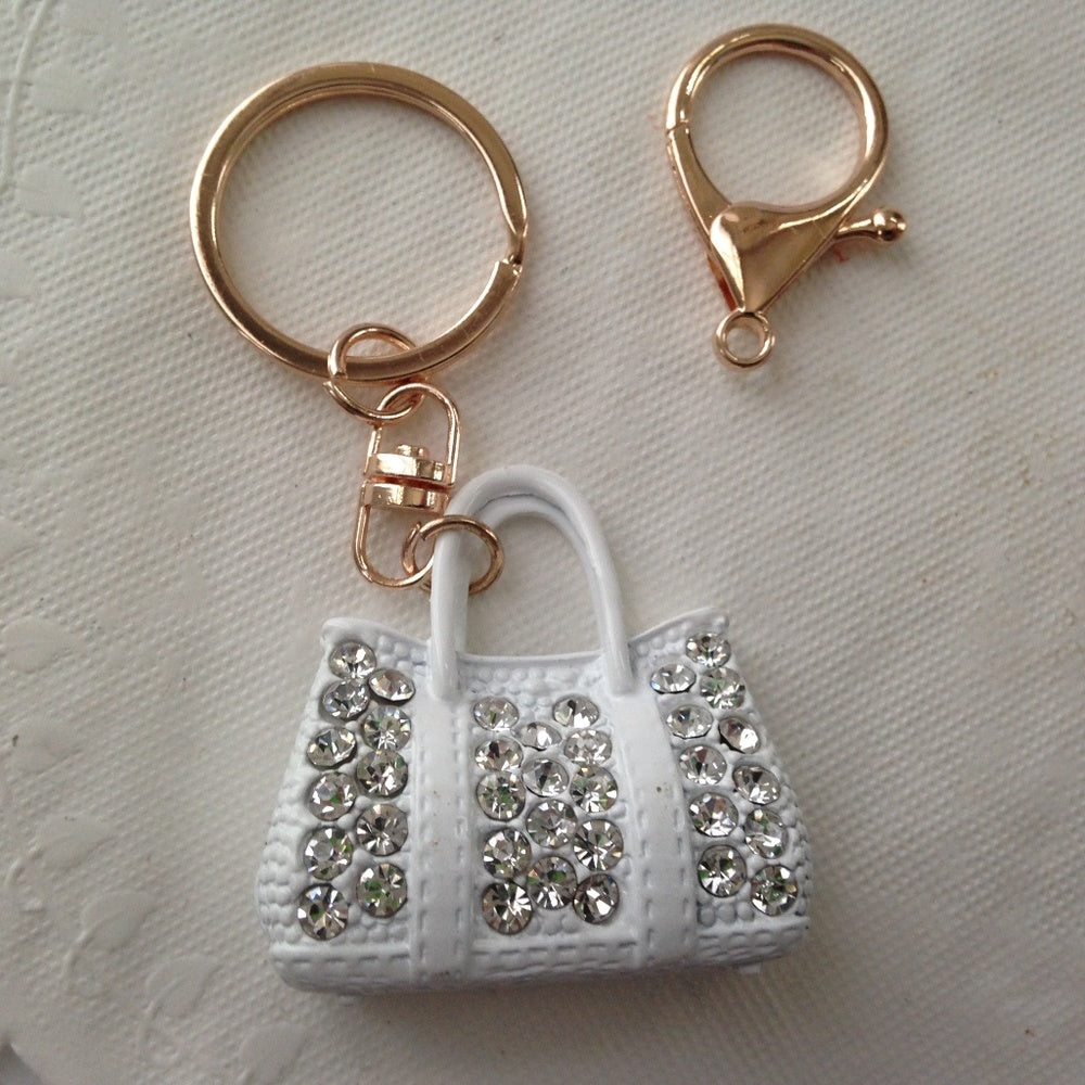 2-Way, White Enamel-Clear Rhinestone Handbag Charm- Key Chain