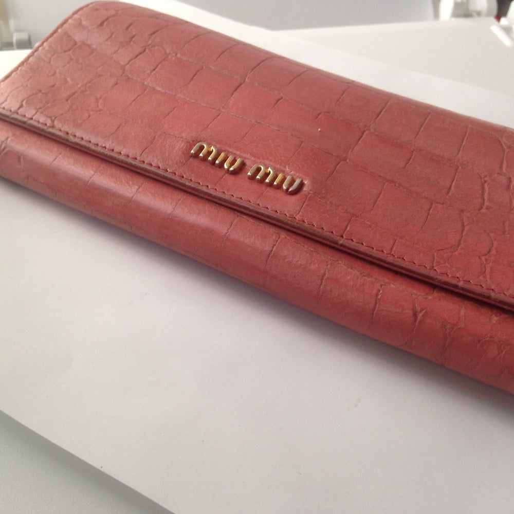 Miu-Miu Pink Crocodile Leather Long Wallet