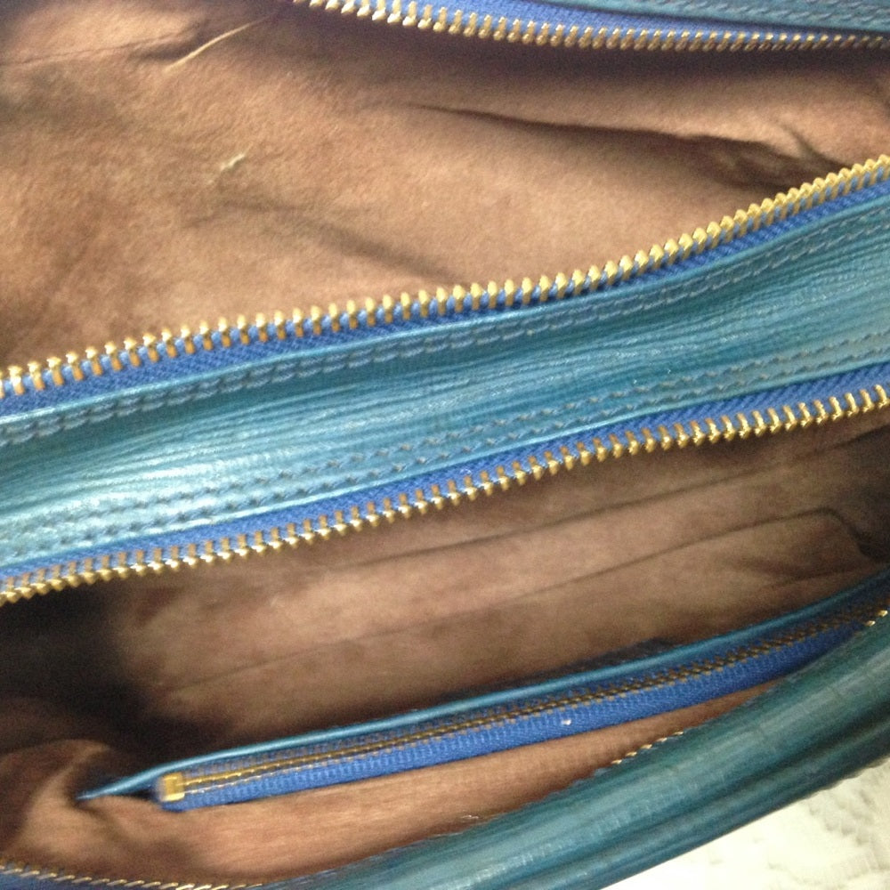 Versace Teal Leather Pouch Wristlet 9inx5inx3in