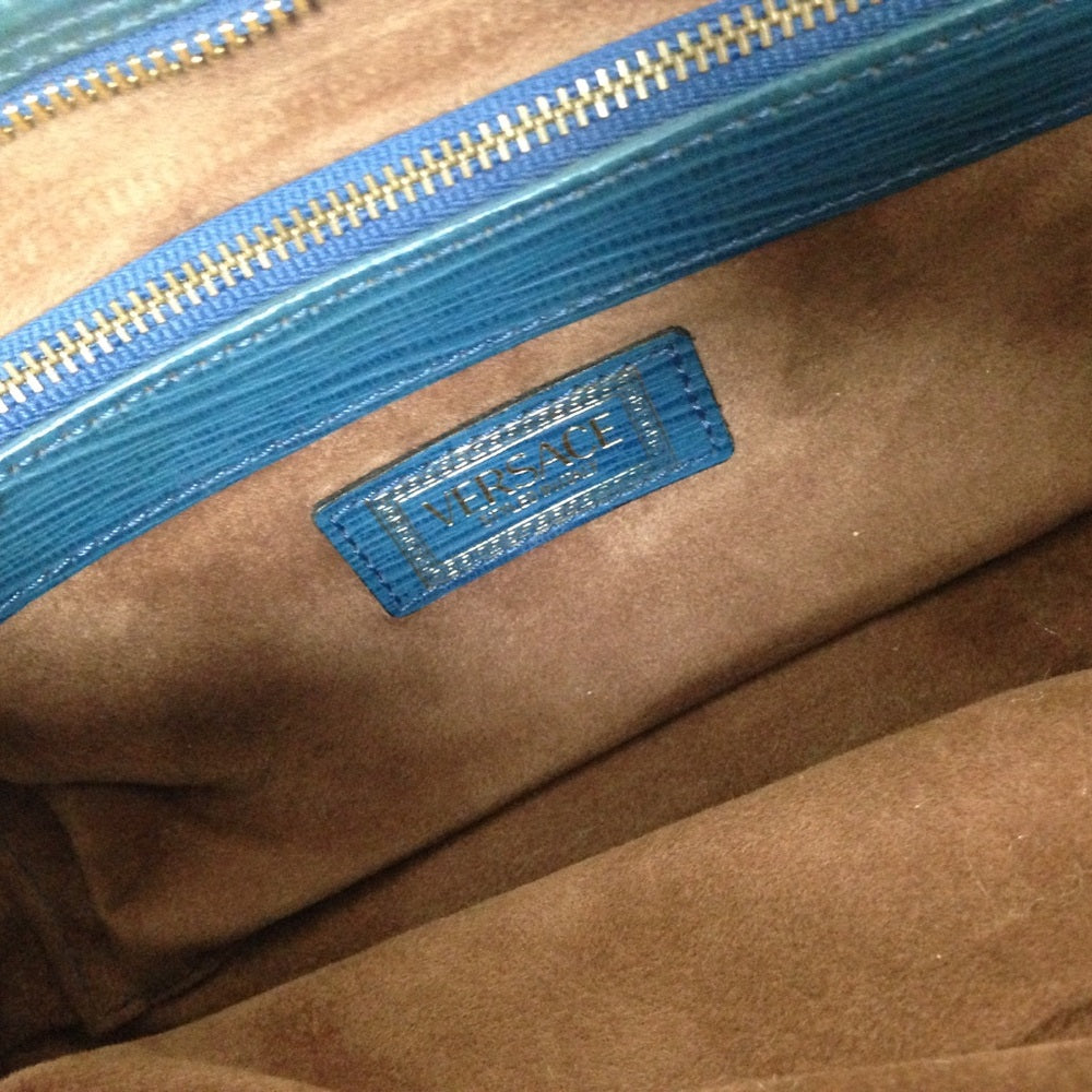 Versace Teal Leather Pouch Wristlet 9inx5inx3in