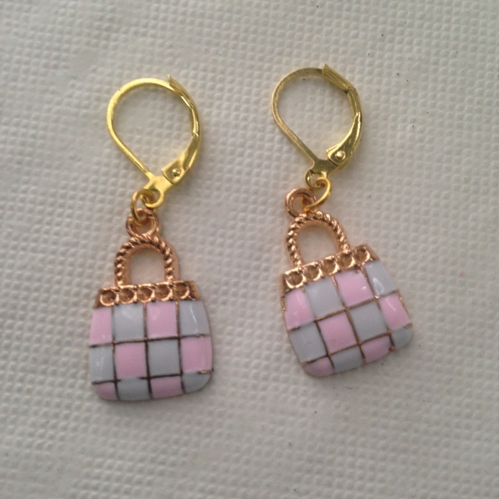 Pink Plaid Enamel Purse Necklace and Earrings Set