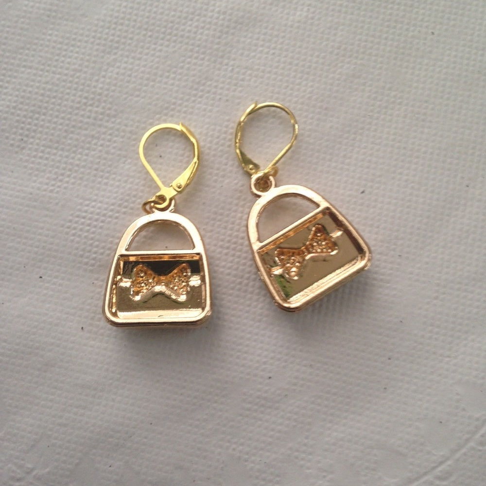 Pink Plaid Enamel Purse Necklace and Earrings Set