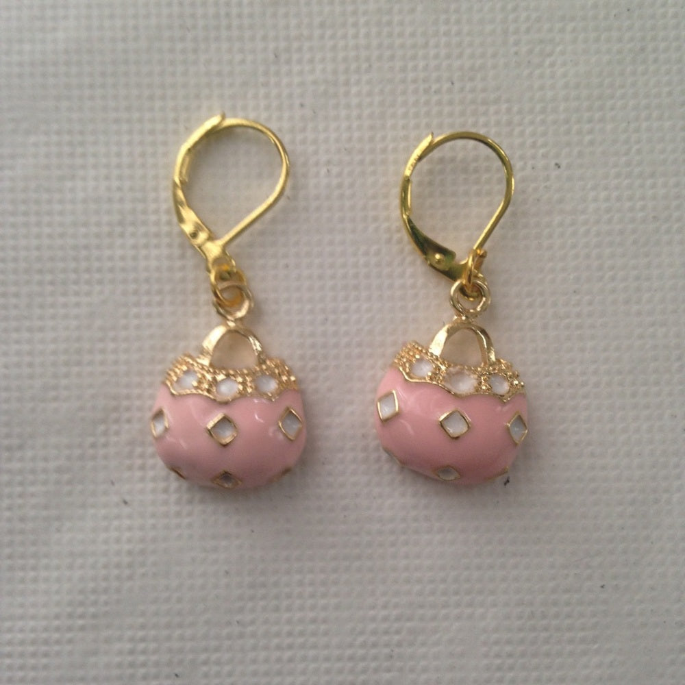 Pink Enamel Purse Necklace and Earrings Set