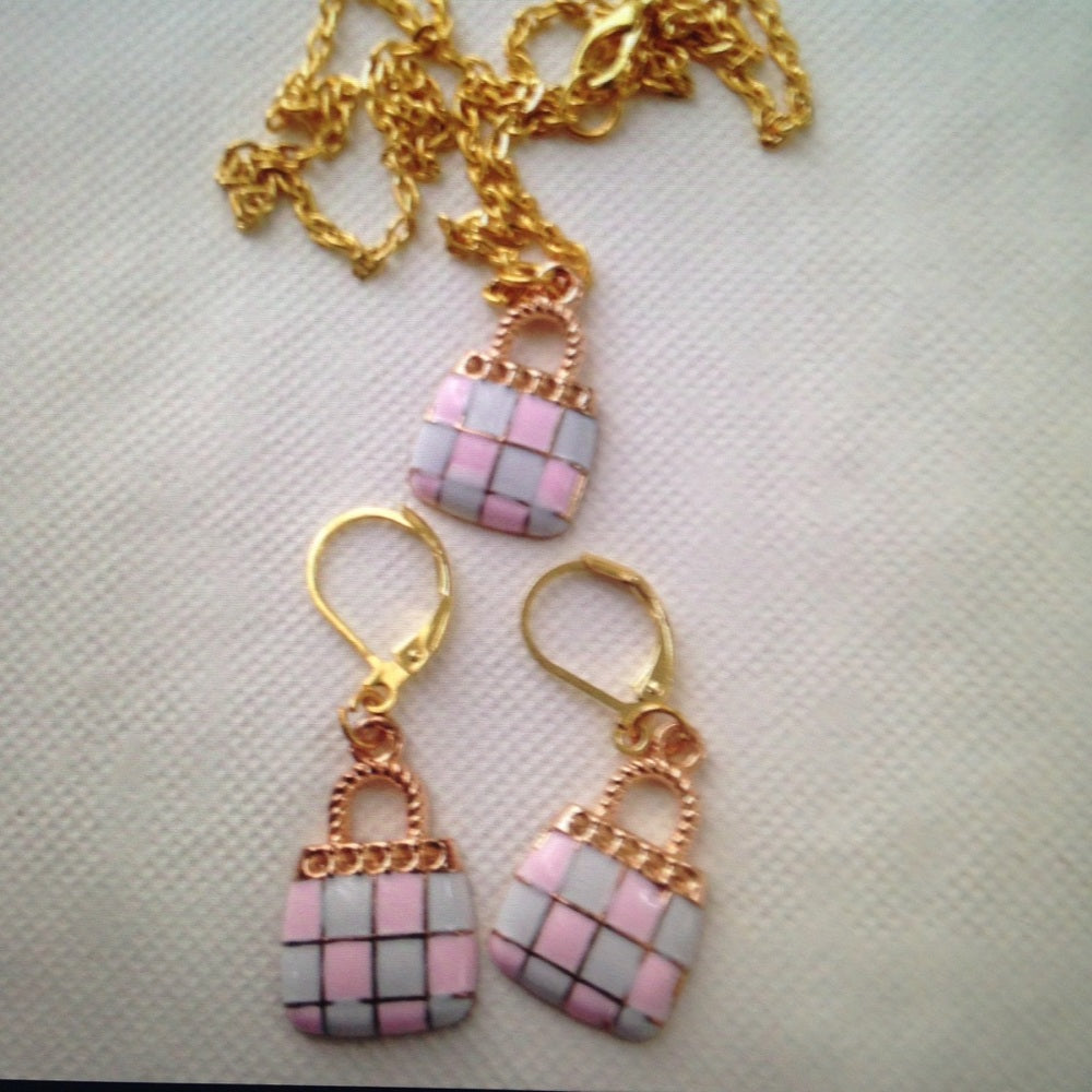 Pink Plaid Enamel Purse Necklace and Earrings Set