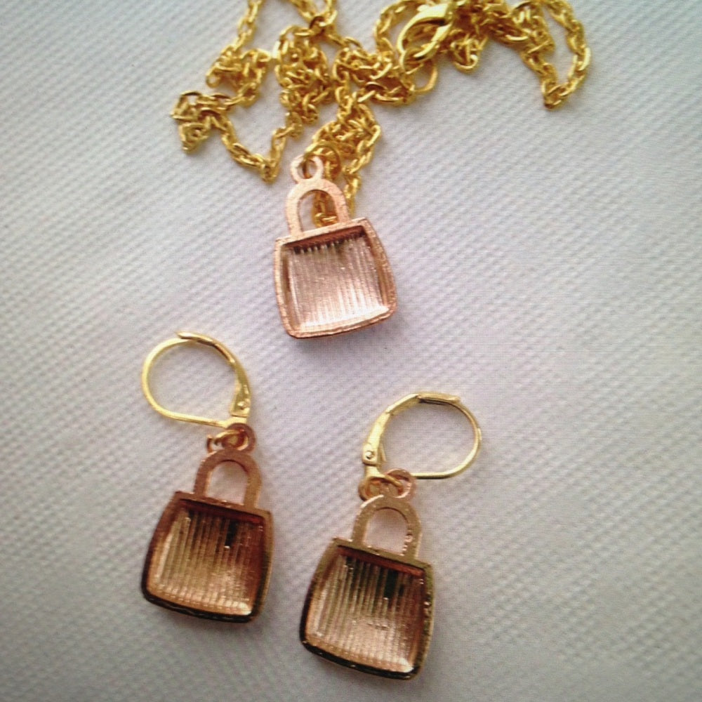 Pink Plaid Enamel Purse Necklace and Earrings Set