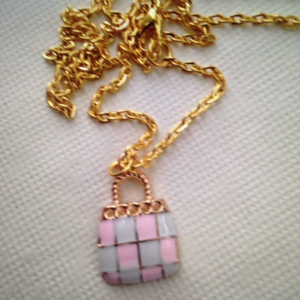 Pink Plaid Enamel Purse Necklace and Earrings Set