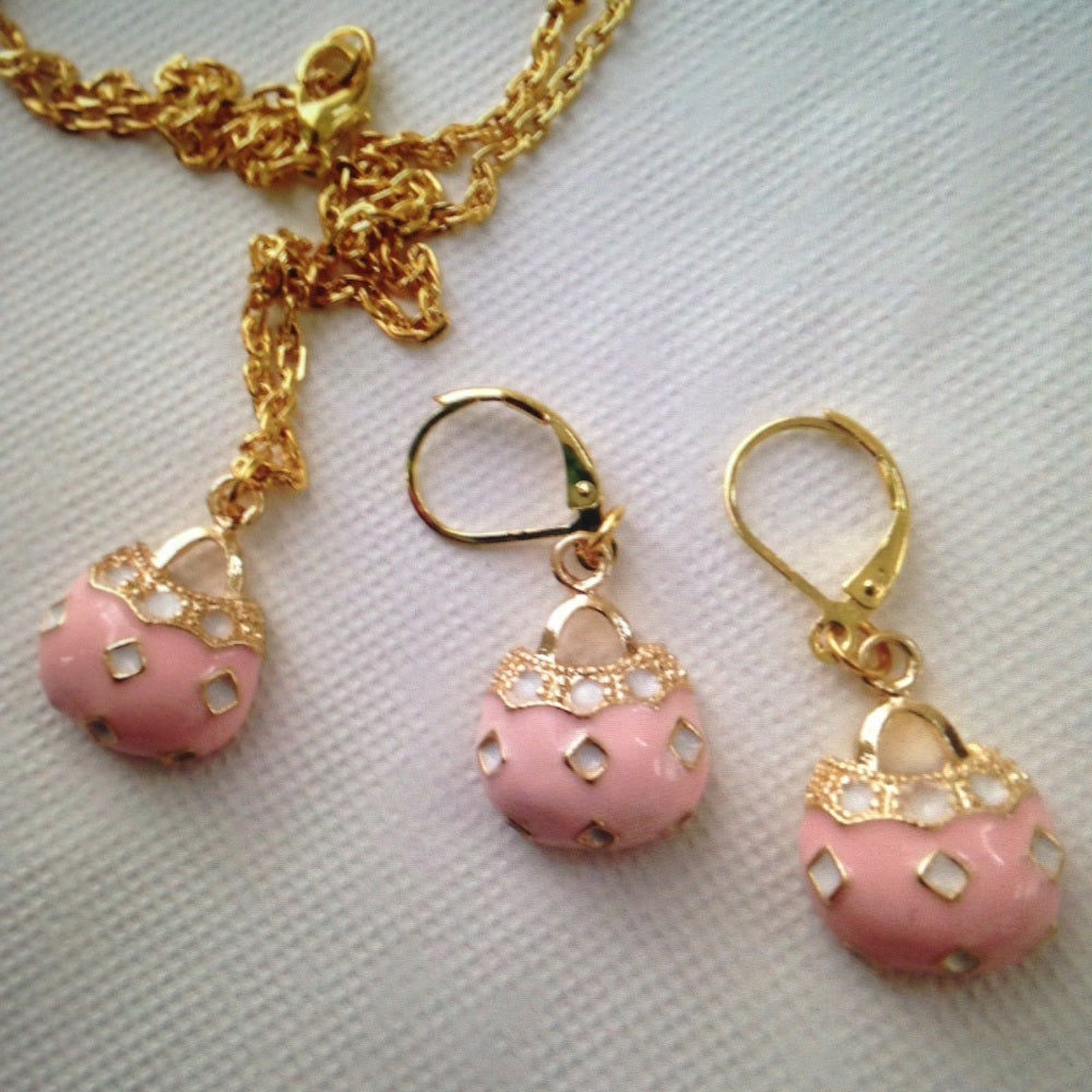 Pink Enamel Purse Necklace and Earrings Set