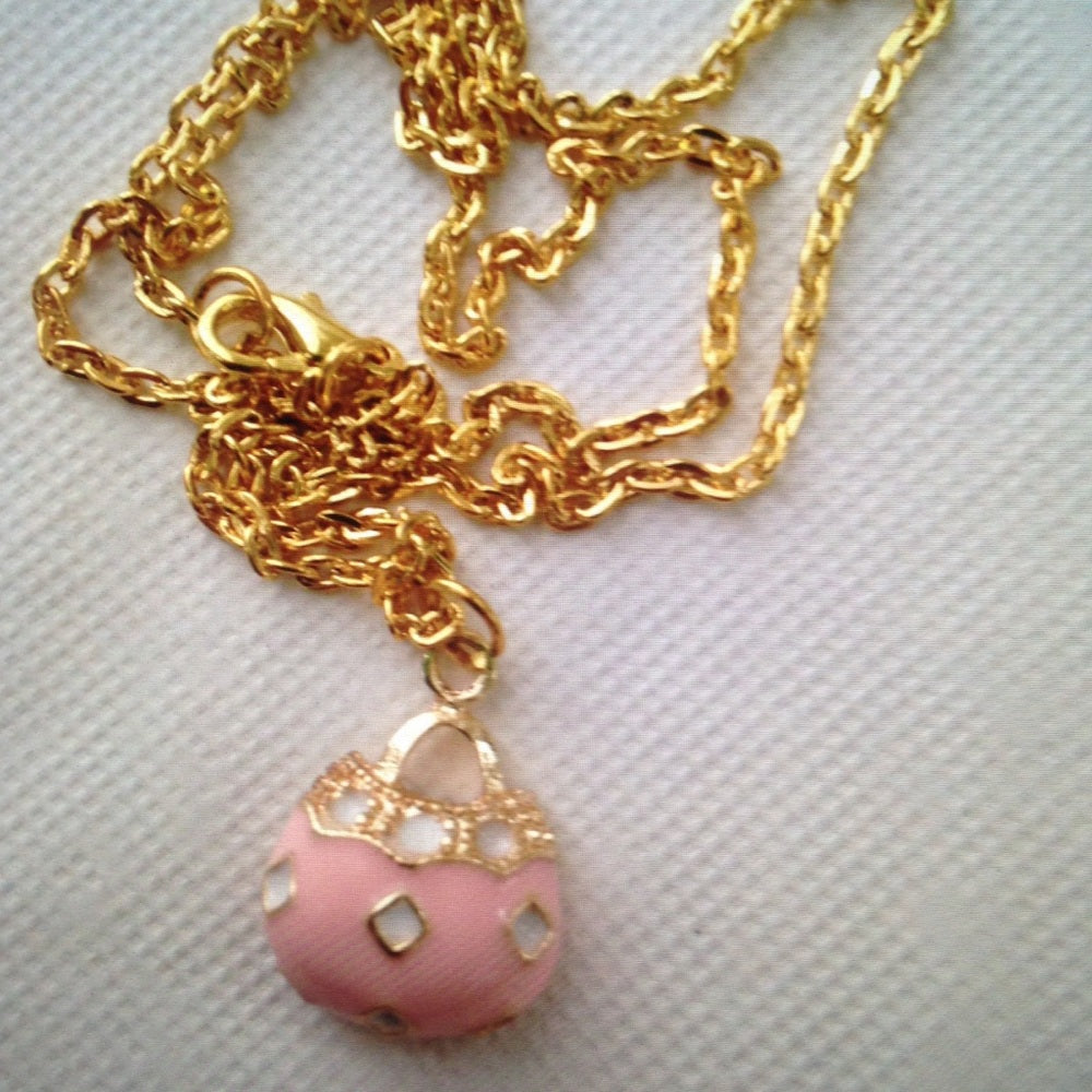 Pink Enamel Purse Necklace and Earrings Set