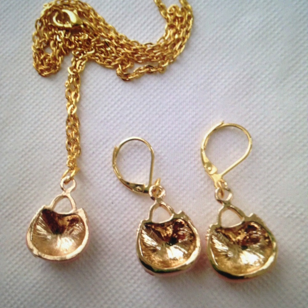 Pink Enamel Purse Necklace and Earrings Set