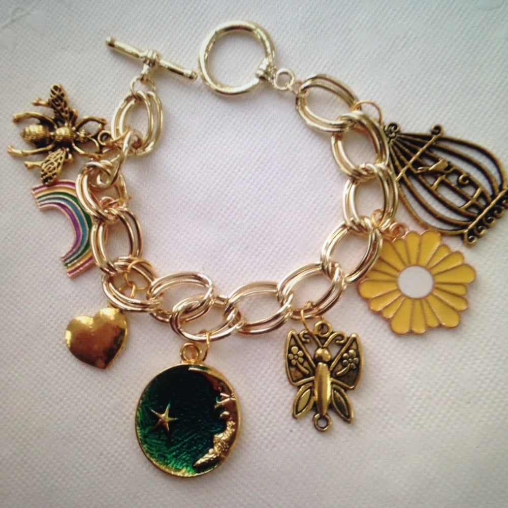 Gold Tone, Multi Color Enamel 7pc Charm Bracelet