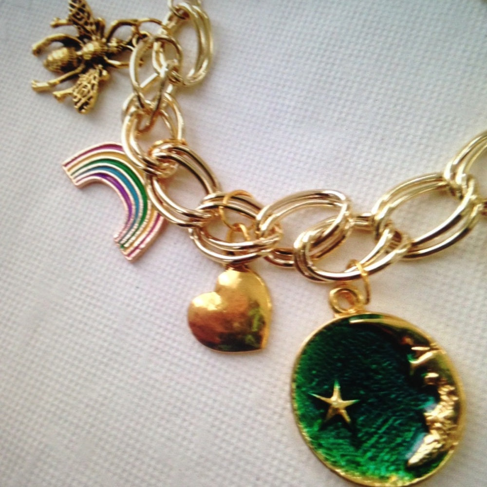 Gold Tone, Multi Color Enamel 7pc Charm Bracelet