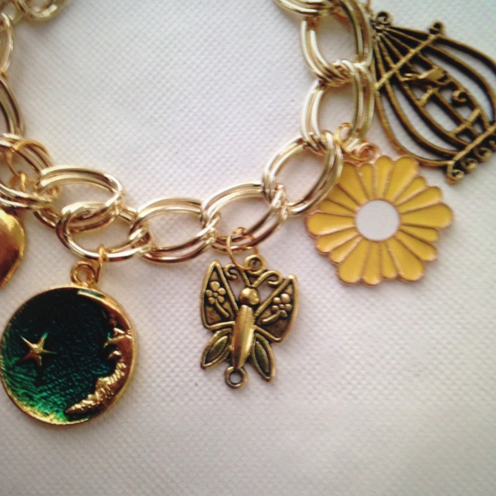 Gold Tone, Multi Color Enamel 7pc Charm Bracelet