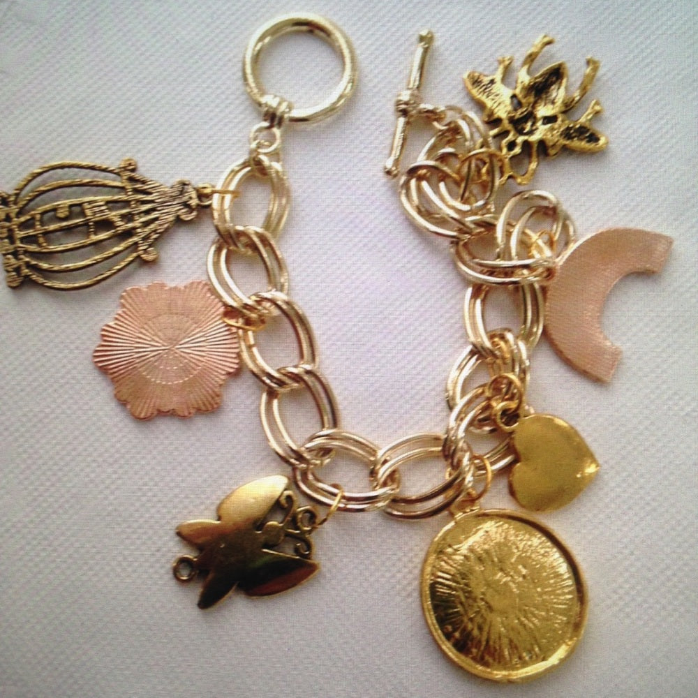 Gold Tone, Multi Color Enamel 7pc Charm Bracelet