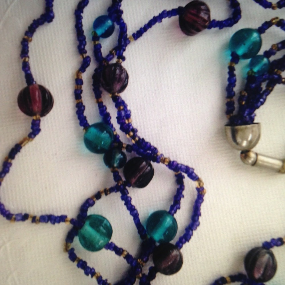 Vintage, Aqua Purple Yellow Glass Beaded Necklace