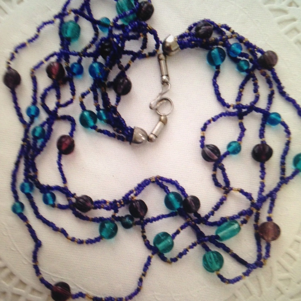 Vintage, Aqua Purple Yellow Glass Beaded Necklace