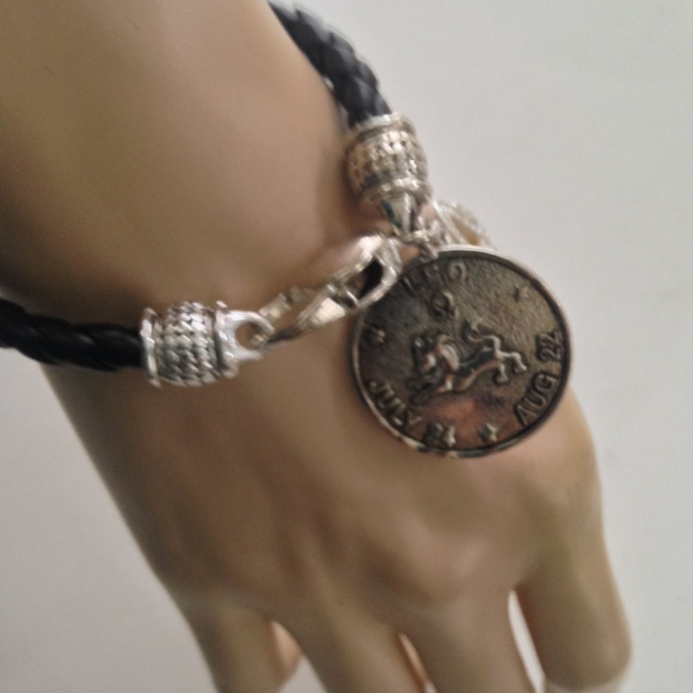 Black Braided Leather Zodiac Leo Bracelet