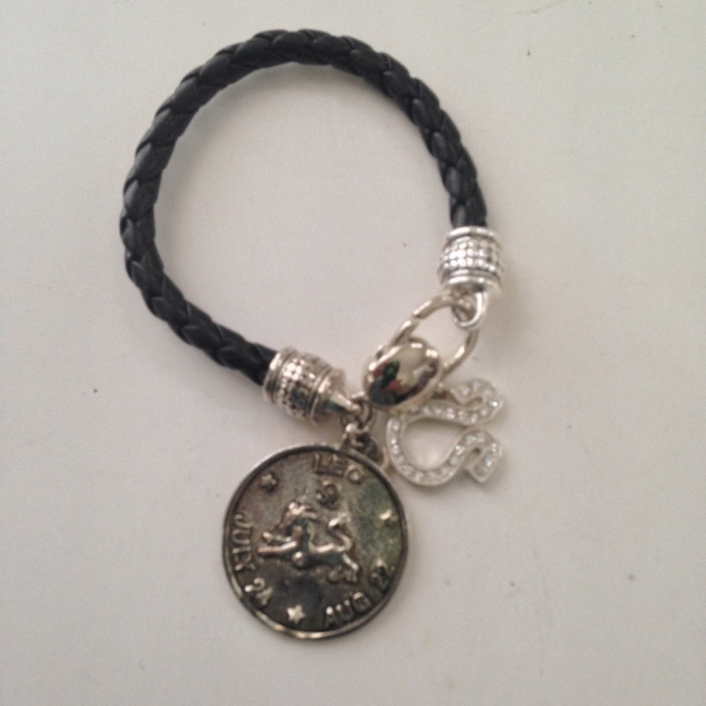 Black Braided Leather Zodiac Leo Bracelet