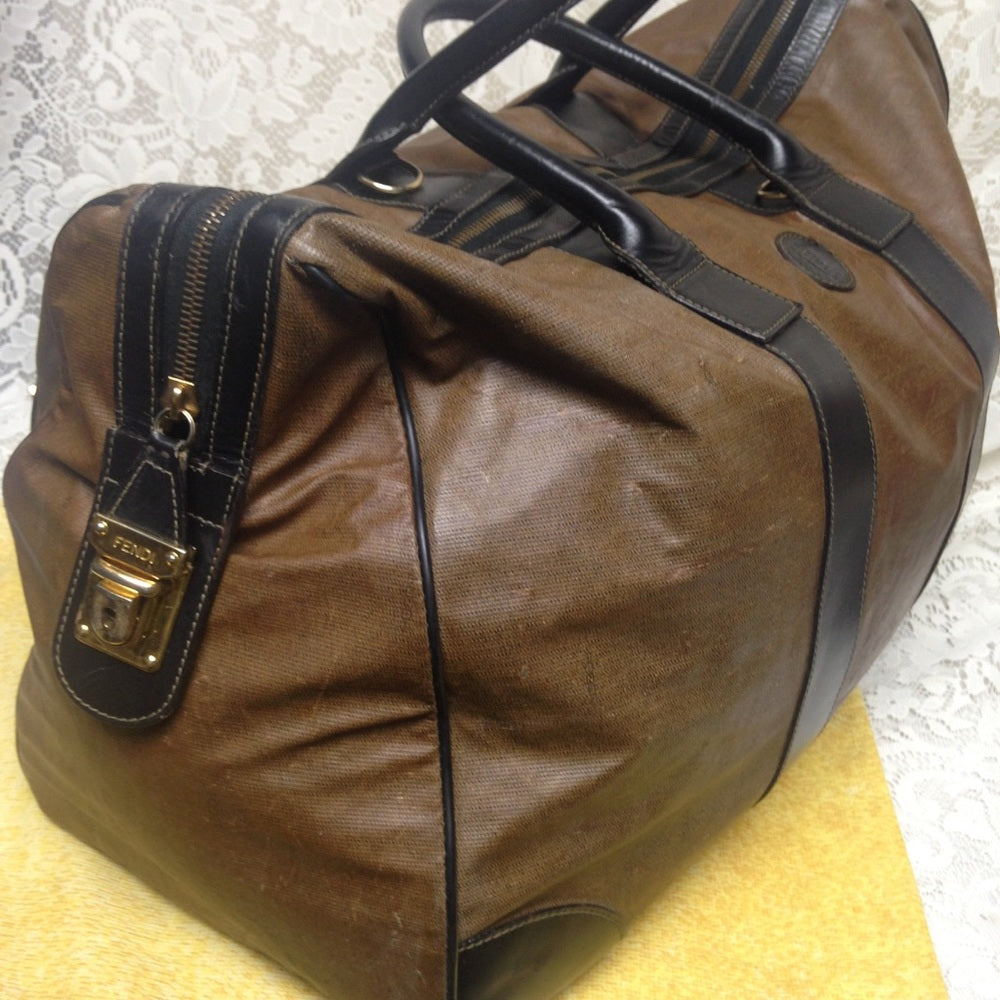 Vintage Fendi Brown Nylon-Black Leather Luggage