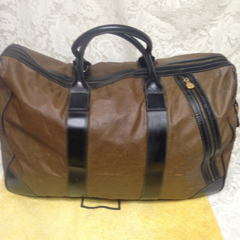 Vintage Fendi Brown Nylon-Black Leather Luggage