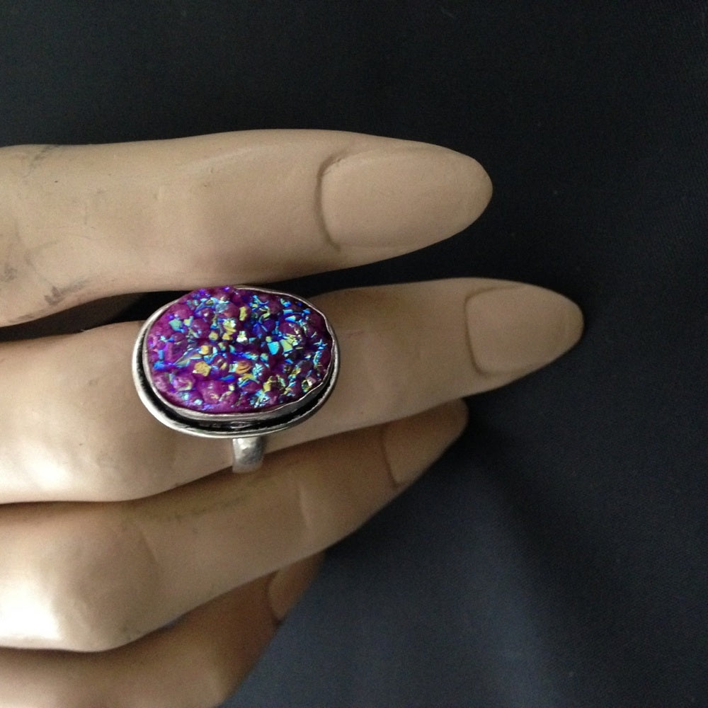 925 Silver Ring with Blue -Purple Druzy (Size6-7)