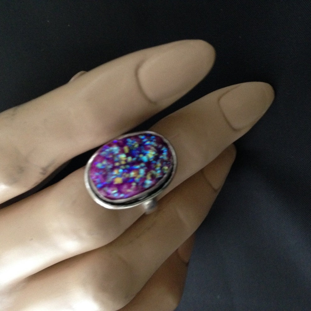 925 Silver Ring with Blue -Purple Druzy (Size6-7)