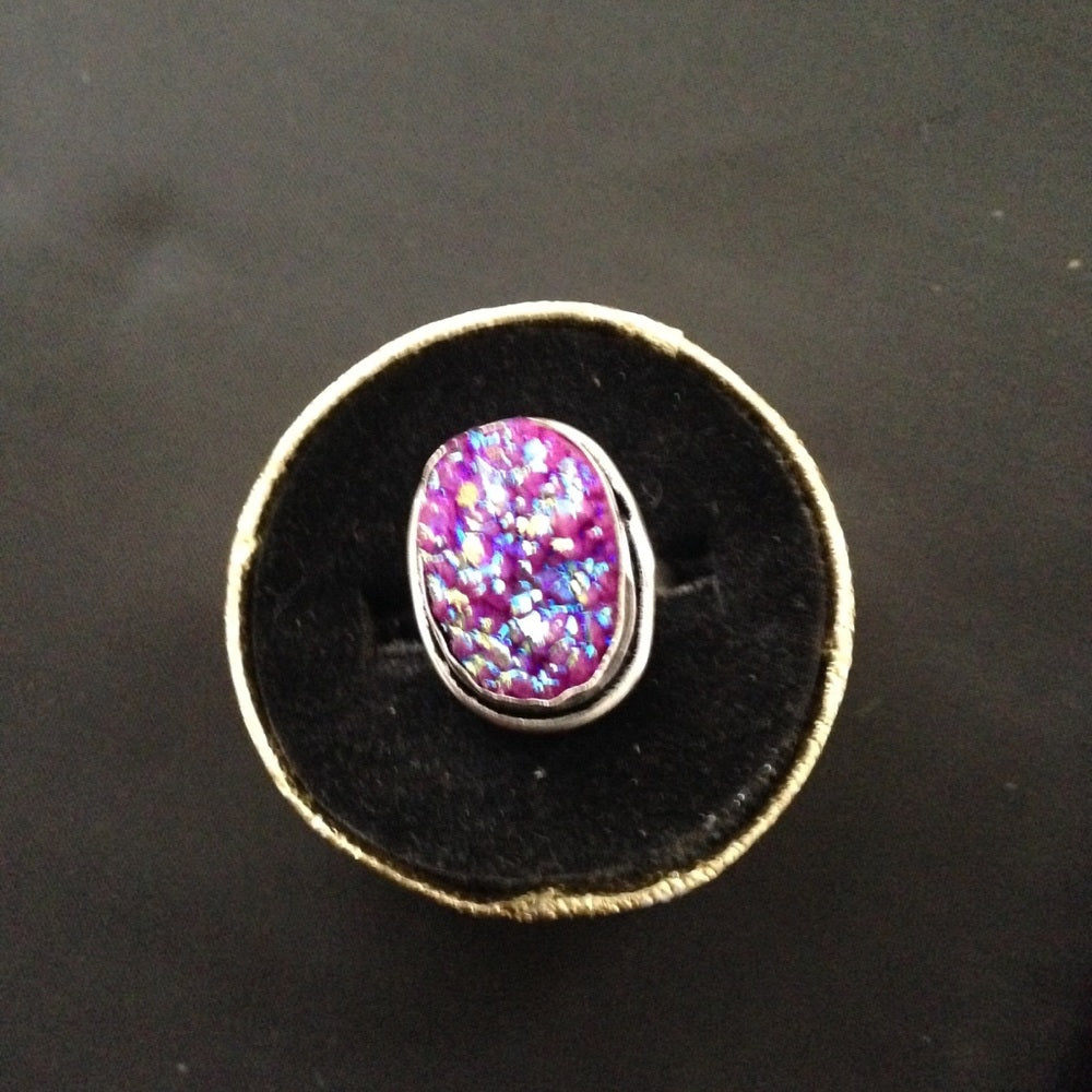 925 Silver Ring with Blue -Purple Druzy (Size6-7)