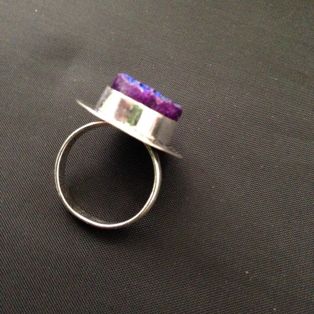 925 Silver Ring with Blue -Purple Druzy (Size6-7)