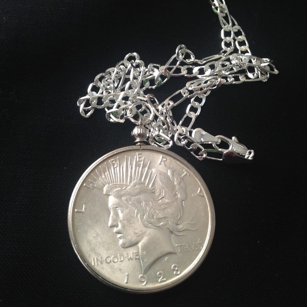 Antique 1923 Silver Dollar Coin, 18in 925 Chain