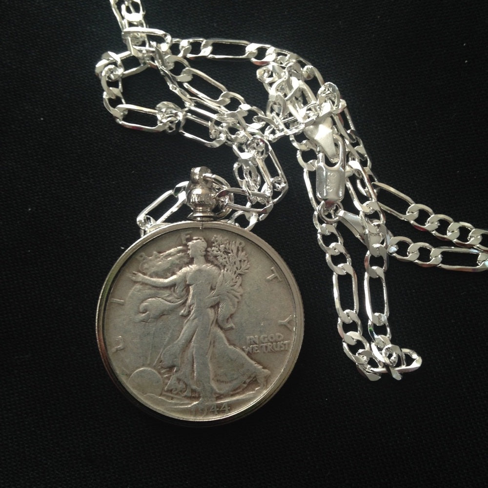 1944 Silver Half Dollar Coin, 18in 925 Chain