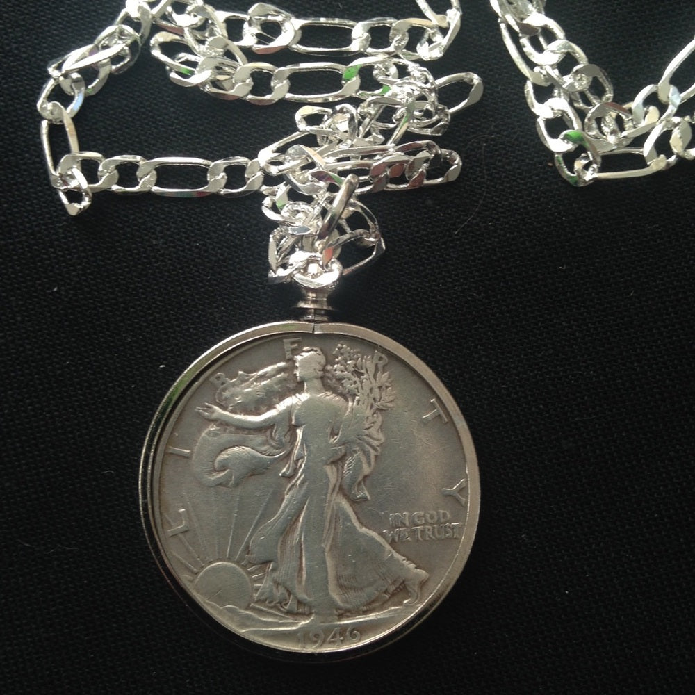 1946 Silver Half Dollar Coin, 18in 925 Chain