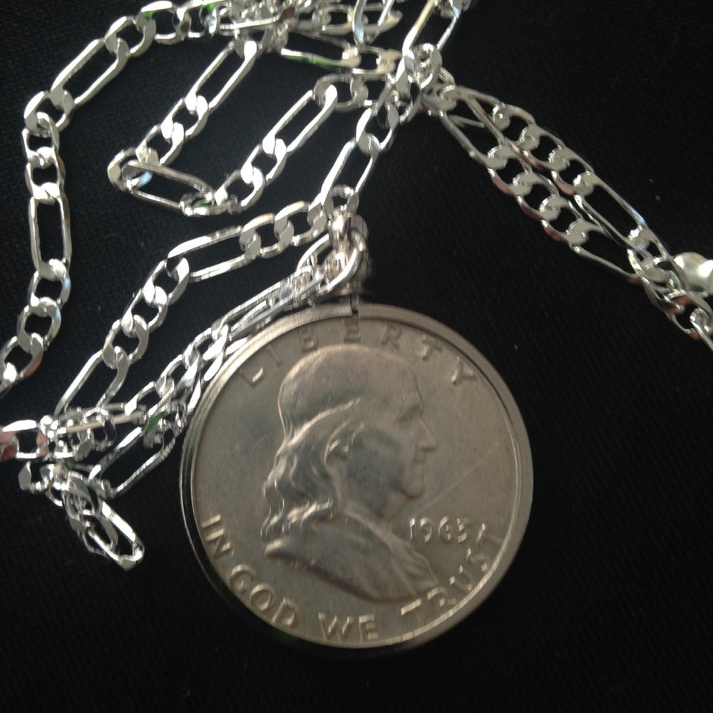 1963 Silver Half Dollar Coin, 18in 925 Chain