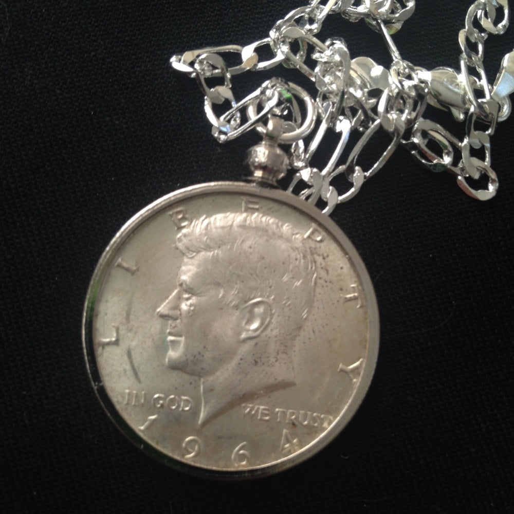 1964 Silver Half Dollar Coin, 18in 925 Chain