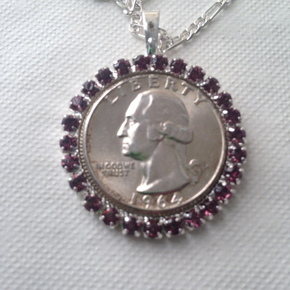 1964 Silver Quarter Dollar Coin, 16in 925 Chain