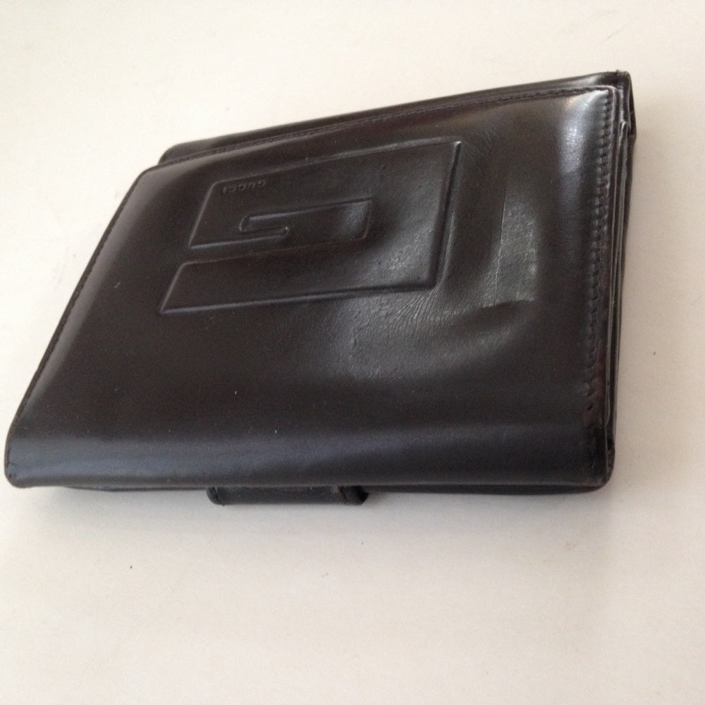 Authentic, Gucci Dark Brown Enamel Trifold Wallet