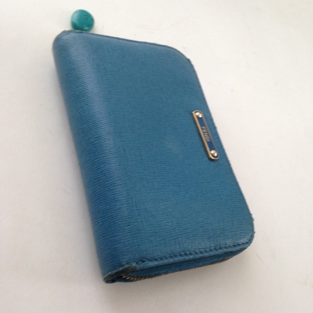 Fendi Aqua Blue Leather Zippy Compact Wallet