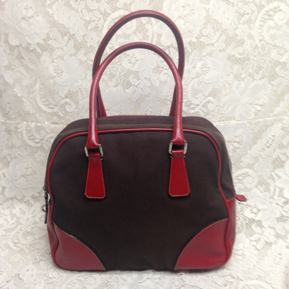 Prada Brown Canvas -Red Leather Trim Shoulder Bag
