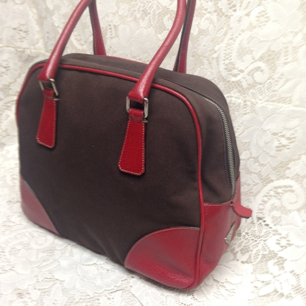 Prada Brown Canvas -Red Leather Trim Shoulder Bag