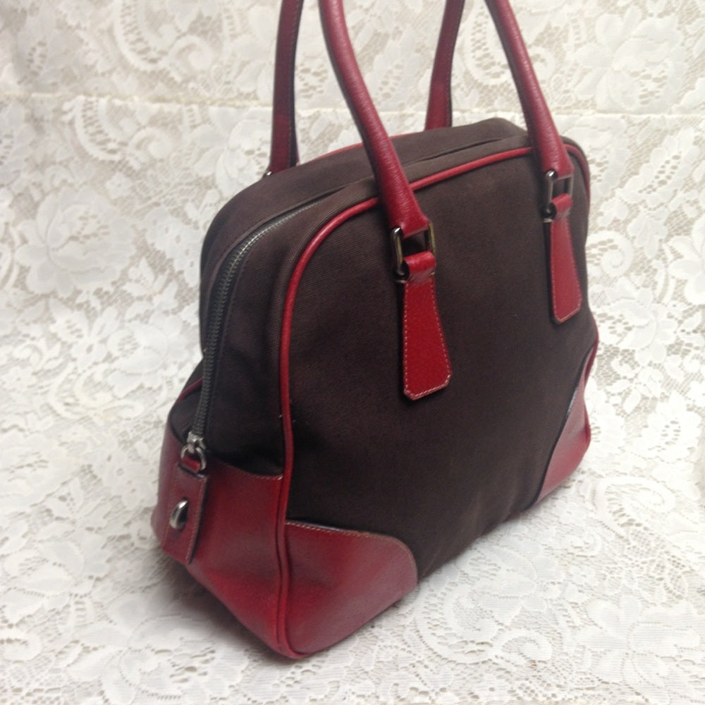 Prada Brown Canvas -Red Leather Trim Shoulder Bag