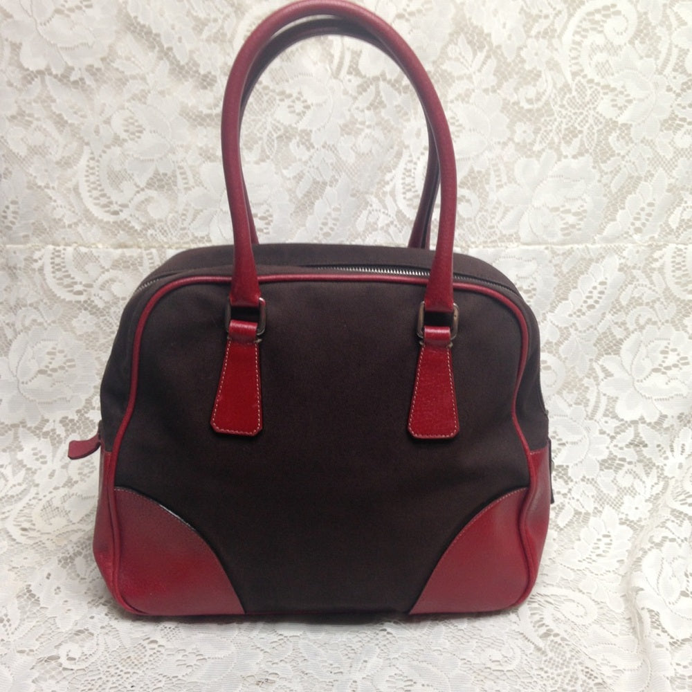 Prada Brown Canvas -Red Leather Trim Shoulder Bag