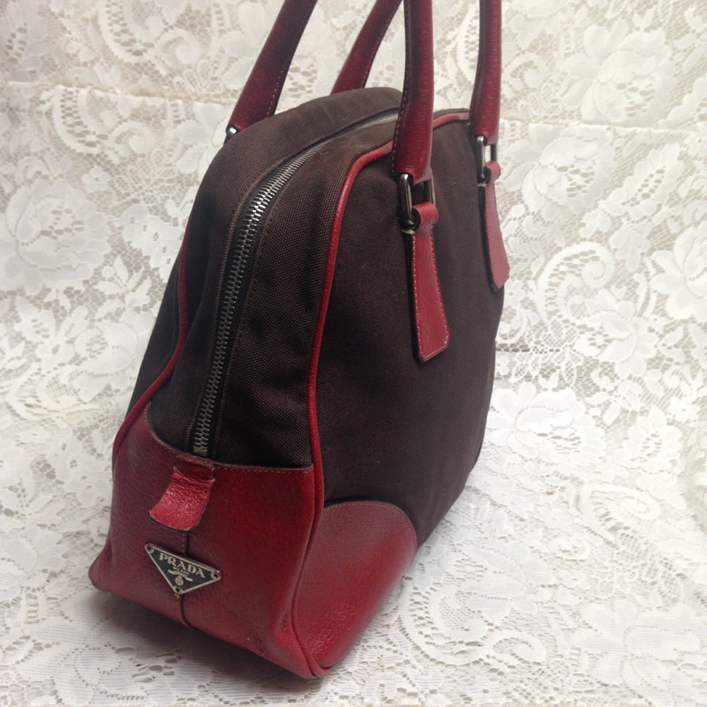Prada Brown Canvas -Red Leather Trim Shoulder Bag