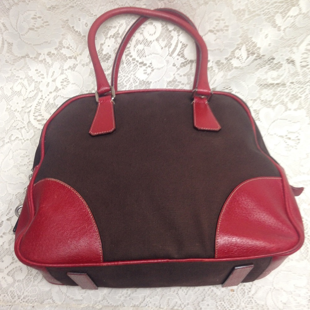 Prada Brown Canvas -Red Leather Trim Shoulder Bag