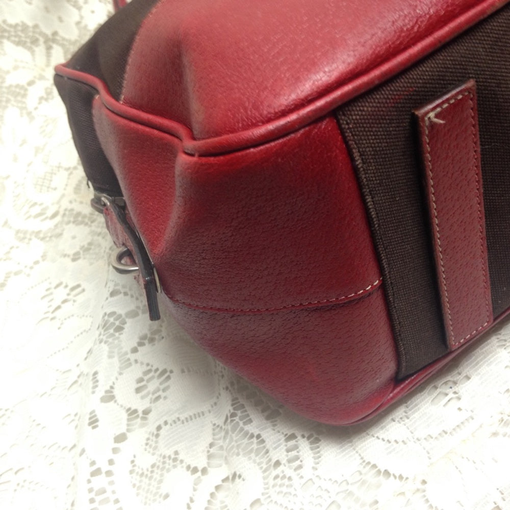 Prada Brown Canvas -Red Leather Trim Shoulder Bag