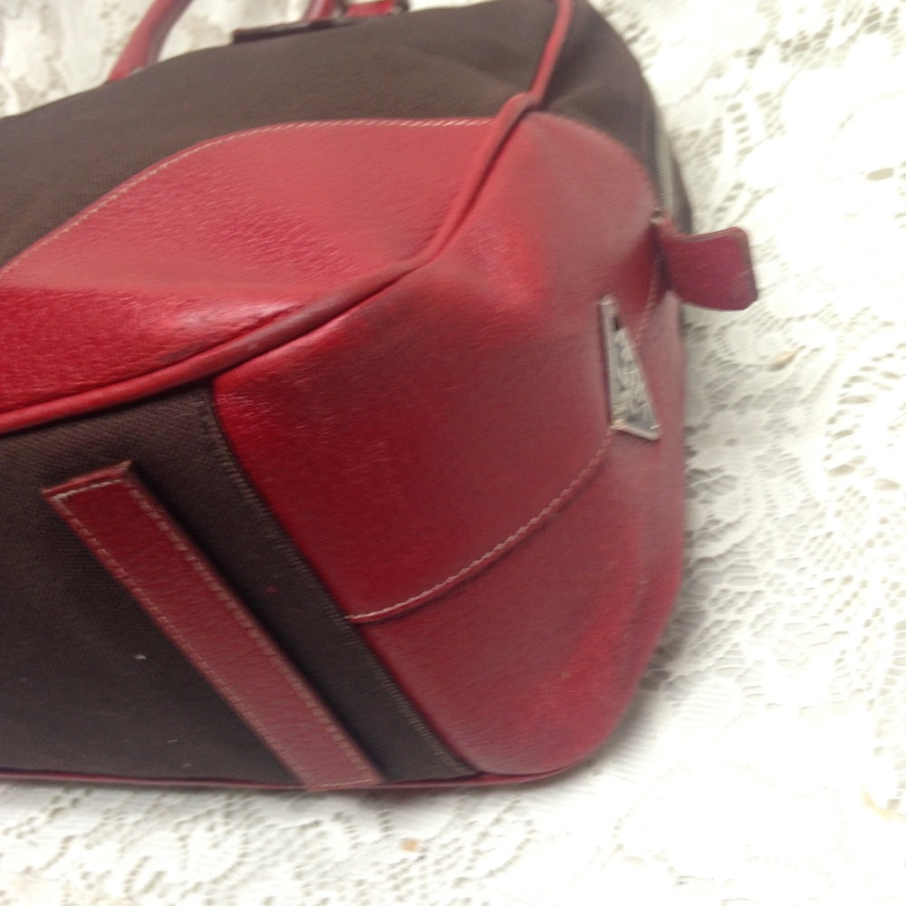 Prada Brown Canvas -Red Leather Trim Shoulder Bag