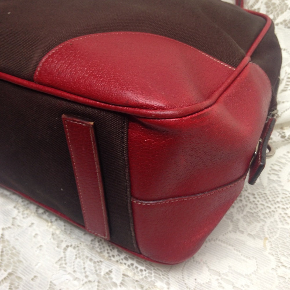 Prada Brown Canvas -Red Leather Trim Shoulder Bag