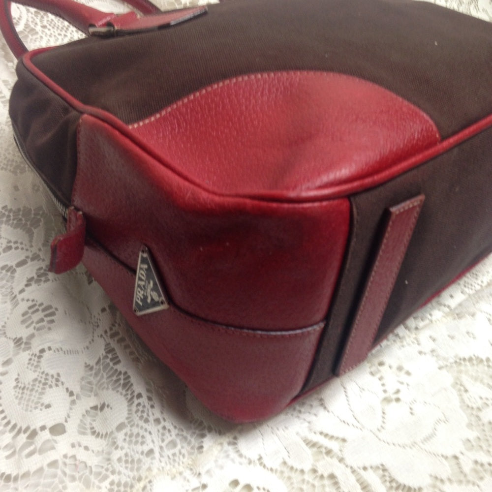 Prada Brown Canvas -Red Leather Trim Shoulder Bag